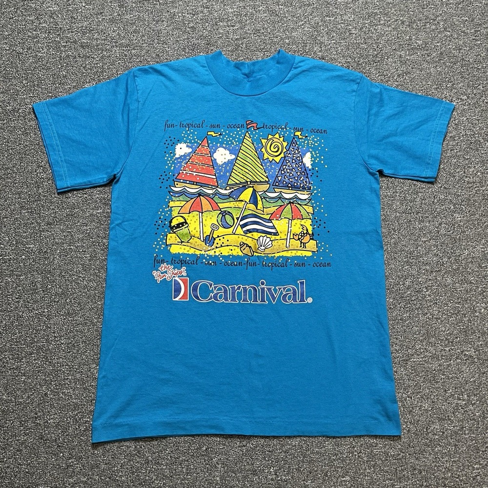 Vintage Carnival Cruise Line Beach Scene T Shirt Blue Size Small Fun Ships